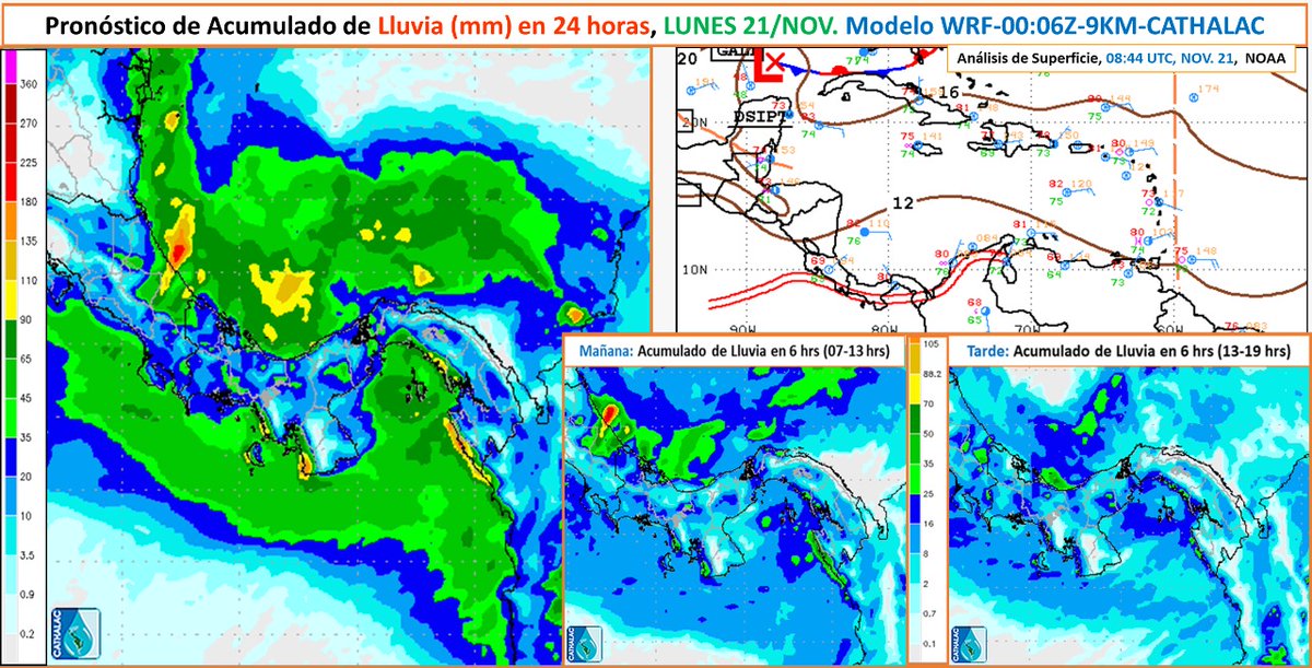 servir_cathalac's tweet photo. Pronóstico de Acumulado de Lluvia (mm) en 24 horas para hoy LUNES 21/NOV (Izq.). La VAGUADA DEL MONZÓN se exttiende a lo largo de Panamá en su porción sur, con CONVECCIÓN FUERTE MODERADA AISLADA, LLUVIAS y tormentas eléctricas. Abundantes lluvias desde la costa Caribe de https://t.co/3CyeJsfM02