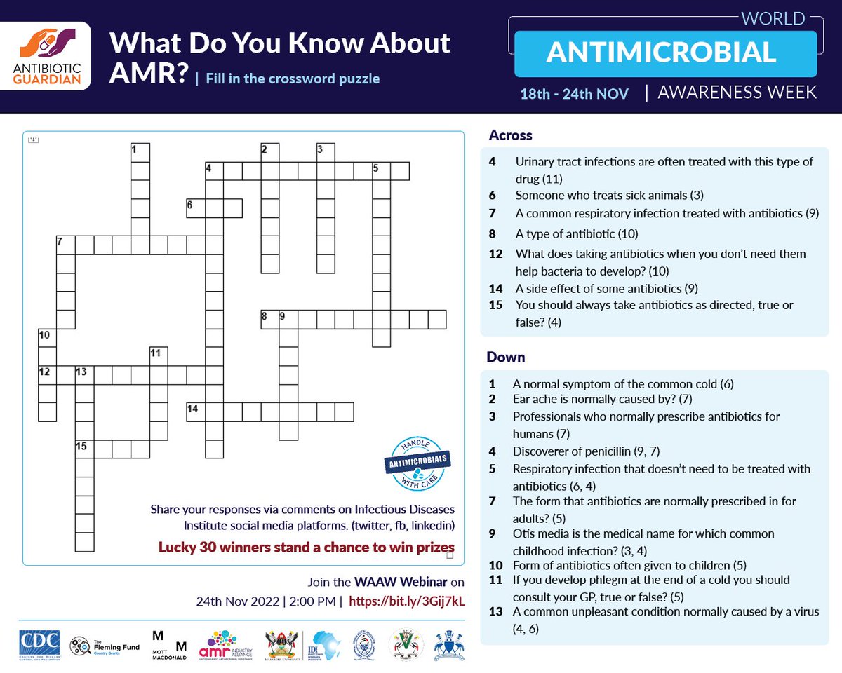 IDIMakerere's tweet photo. What do you know about antimicrobial resistance?
Fill in the puzzle as we commemorate World Antimicrobial Awareness Week this week, which runs from 18th -24th November.

Comment with your answers and stand a chance to be one of our lucky winners.

#WAAW https://t.co/7Nws74wK3Q