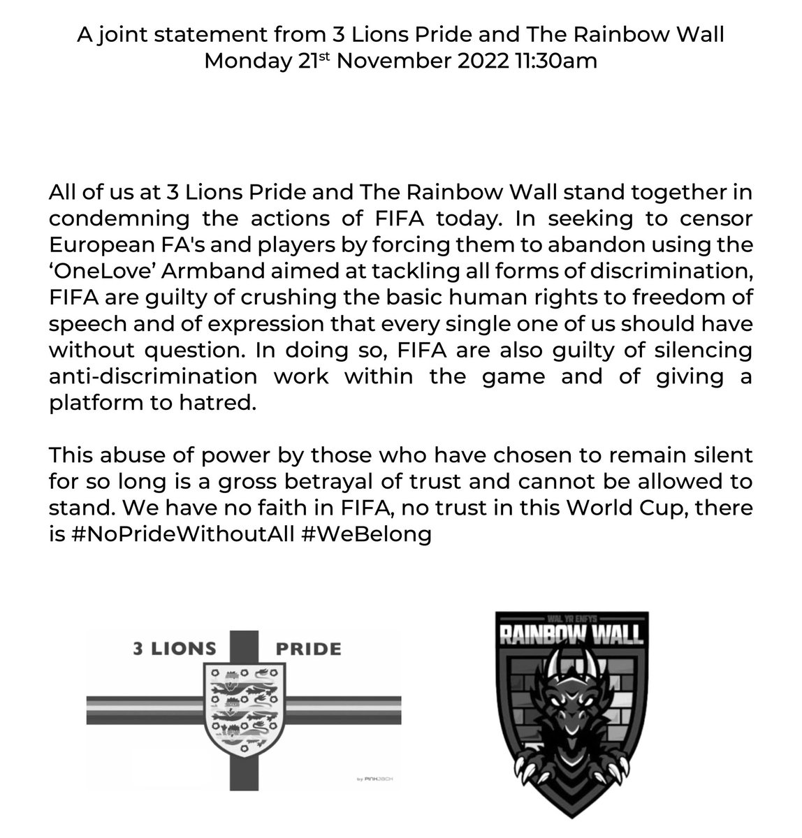 A joint statement from us and <a href="/TheRainbowWall/">The Rainbow Wall 🏳️‍🌈🏳️‍⚧️🏴󠁧󠁢󠁷󠁬󠁳󠁿</a> #NoPrideWithoutAll #WeBelong