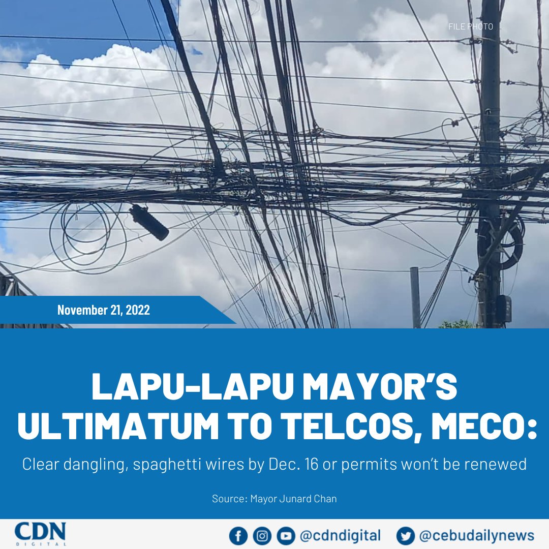 Lapu-Lapu City Mayor Junard Chan wants MECO, telcos to work together to address dangling, spaghetti wires in the city and threatens them with non-renewal of permits if they will not comply. 

READ: inq.news/chan-danglingw… #CDNDigital