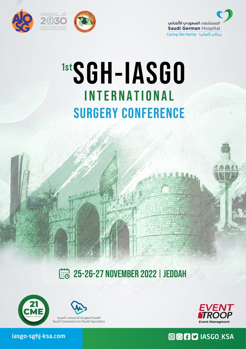 IASGO_Gulf_SGH's tweet photo. The 1st SGH - #IASGO International Surgery Conference

@sghjeddah @IASGO_Gulf_SGH #SaudiGermanHealth
 
🗓25-27 Nov 📍Jeddah 🎓21 CME
✍🏼https://t.co/bS15TOzWuS
Organized By #EventTroop https://t.co/t8qUoYncvN