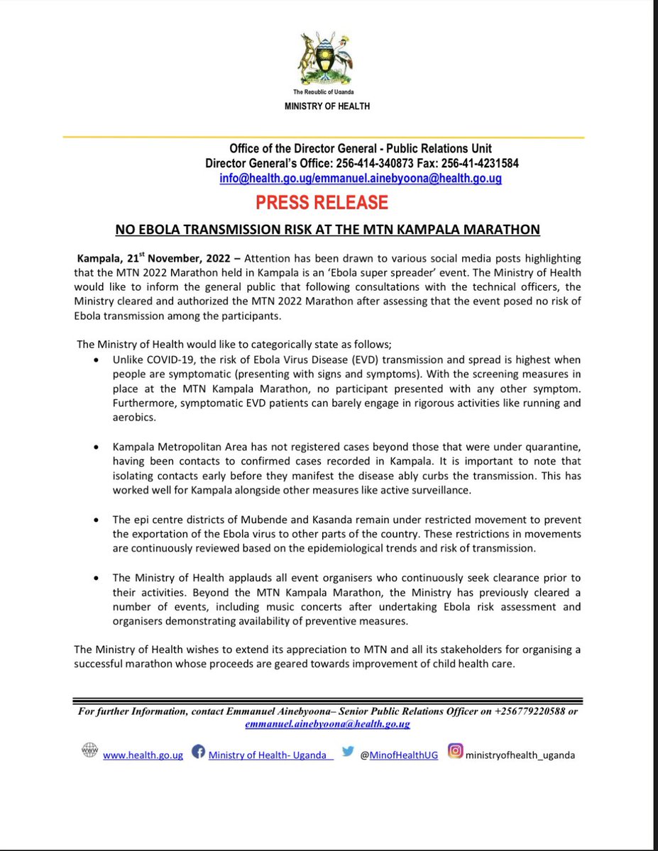 MinofHealthUG's tweet photo. PRESS RELEASE: The @MinofHealthUG would like to categorically state that the @mtnug Marathon was not an #Ebola superspreader. 

Unlike COVID-19, #Ebola transmission and spread is highest when patients are symptomatic. 

No participant at the marathon presented with any symptom. https://t.co/HgErw9cYdG