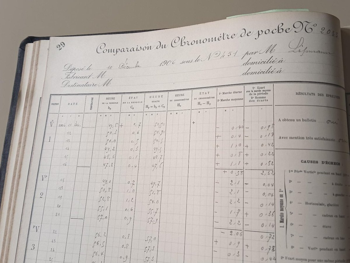 Nouvel emplacement pour les archives de chronométrie de l'Observatoire de Besançon <a href="/OSU_THETA_BFC/">OSU THETA</a> 
Pas loin de 90 registres contenant une partie des archives de certification chronométrique (dont celles avec le poinçon vipère) de 1885 à 1976.
Merci à <a href="/UtinamInstitut/">Institut UTINAM</a>