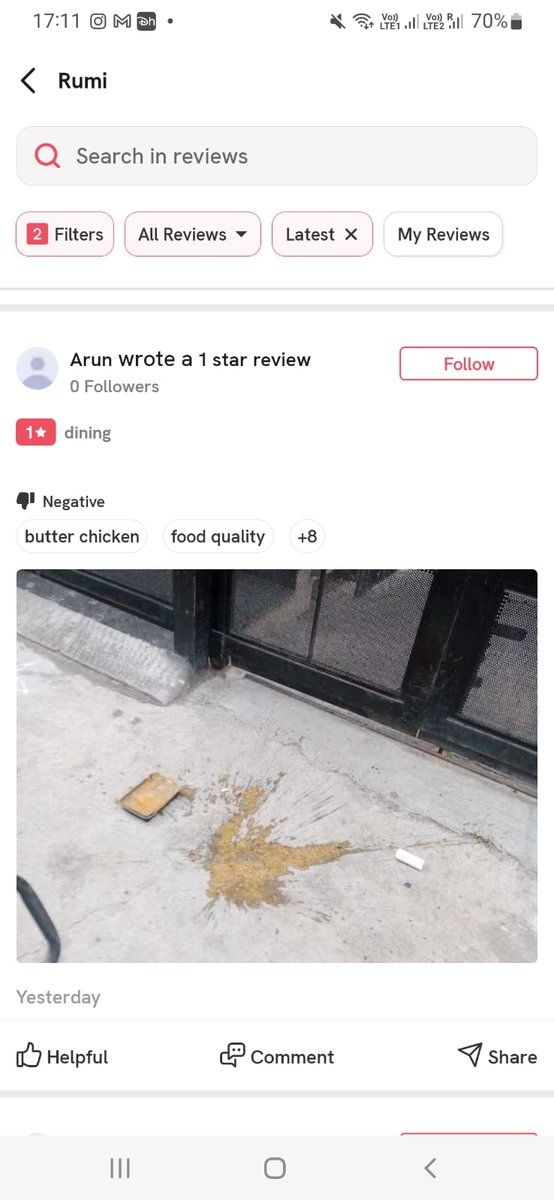 aahang71's tweet photo. @zomato has the weirdest policy on rating and reviews. No check on bogus reviews, anyone can put anything against a restaurant. Case in point is this 1 star review with a random picture of who knows what!! And on this basis the stupid Algo brings down rating
@deepigoyal pls help https://t.co/YuhvyKXGz5