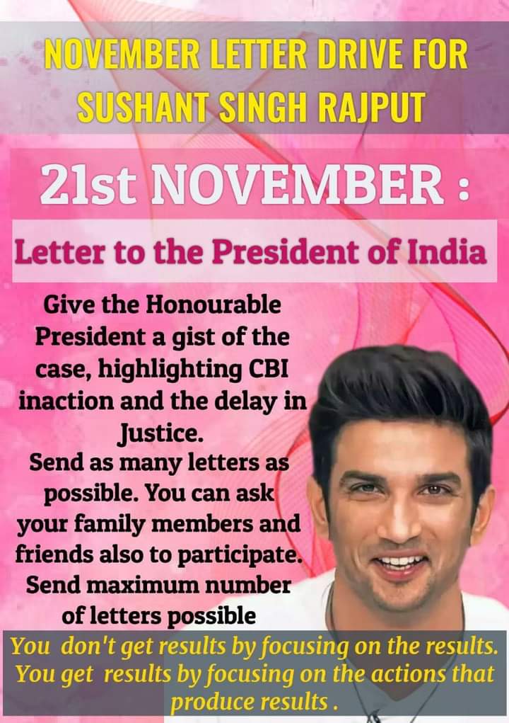 JoyModakSSRian's tweet photo. SSR Culprits Roaming Free
November Letter Drive for @itsSSR on 21.11.2022
Sending letter to hon'ble @rashtrapatibhvn President 🇮🇳 Droupadi Murmu Ji for seeking ⚖️ justice for SSR case, highlighting #CBI inaction &amp; delay in Justice.
@PMOIndia @HMOIndia @IPS_Association @DoPTGoI https://t.co/D3zoHofkb3
