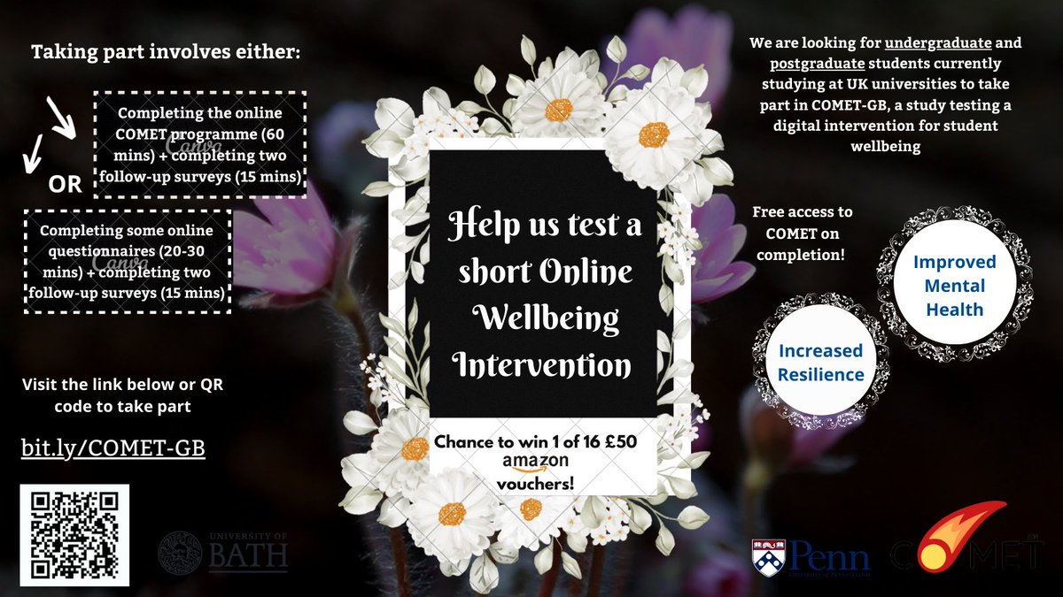 Looking for UK-based #undergraduate, #postgraduate and #doctoralstudents to take part in COMET-GB, an online intervention designed to improve your #mentalhealth 🖥 bit.ly/COMET-GB 

Take part and be entered in a prize draw to win 1 of 16 £50 Amazon vouchers! #StudentLife