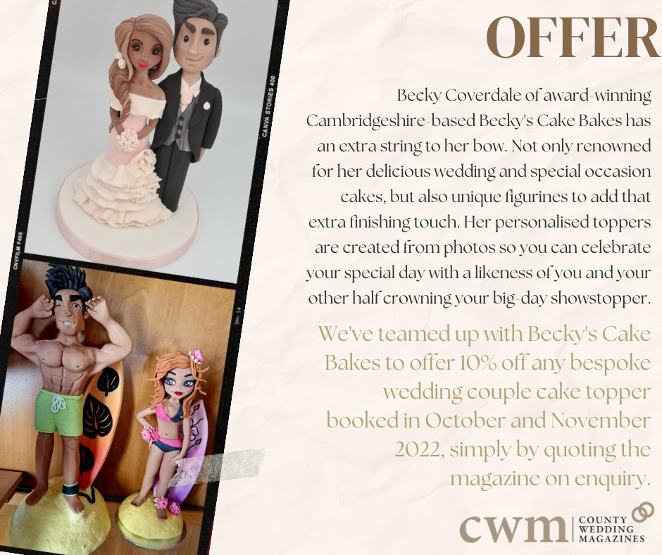 ✨ OFFER✨

At <a href="/CountyWeddings/">County Wedding Magazines</a> we've teamed up with Becky's Cakes to offer 10% off any bespoke wedding couple cake topper booked in October and November 2022.

The closing date is Wednesday, 30 November 2022 so be quick not to miss out!!

youreastanglian.wedding/offers