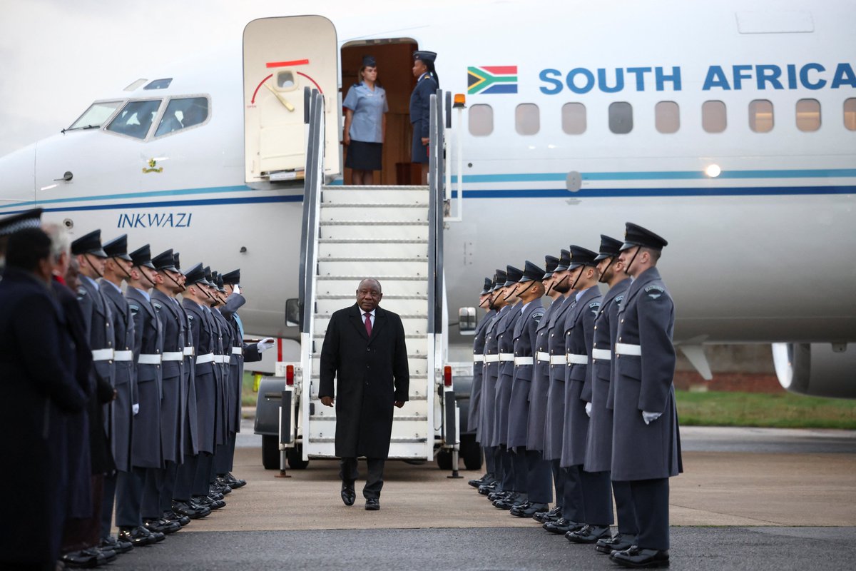 The President of South Africa <a href="/CyrilRamaphosa/">Cyril Ramaphosa 🇿🇦</a> has arrived in the UK. Tomorrow he will meet His Majesty The King at the start of his State Visit.

#UKSAStateVisit🇿🇦🇬🇧