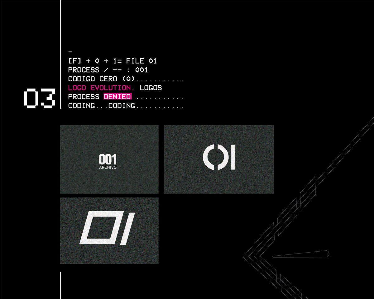 File01_'s tweet photo. -
[F] + 0 + 1 FILE 01
PROCESS / — : 001…………..
CODIGO CERO (0)……………
LOGO EVOLUTION. LOGOS
PROCESS DENIED…………….
CODING…CODING…………… https://t.co/zcuLSqY8bm