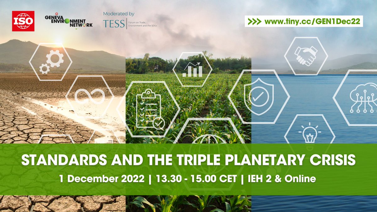#SaveTheDate 

International standards can be a powerful tool to address the #TriplePlanetaryCrisis. This event by <a href="/isostandards/">ISO</a> &amp; <a href="/GENetwork/">GENeva Environment Network</a> explores how standards can help tackle #climatechange, #biodiversity loss &amp; #pollution.

📅 1 Dec 22, 13:30 CET
➡️ tiny.cc/GEN1Dec22