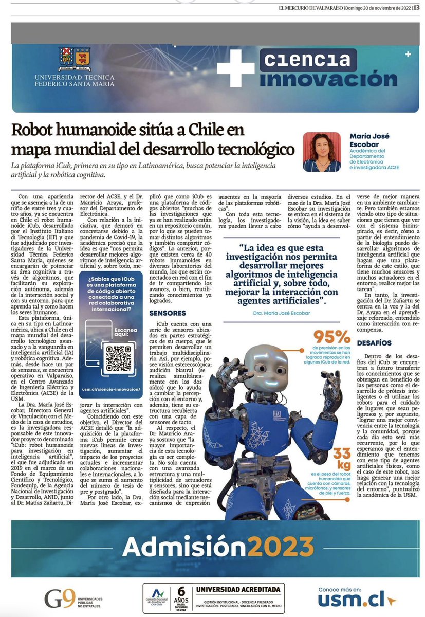 Les comparto esta nota sobre el robot #iCub, en donde contamos algunas de sus características y desafíos en el ámbito de la robótica cognitiva y la IA (<a href="/mercuriovalpo/">El Mercurio de Valparaíso</a>)

Acá, una breve cápsula: usm.cl/ciencia-innova…