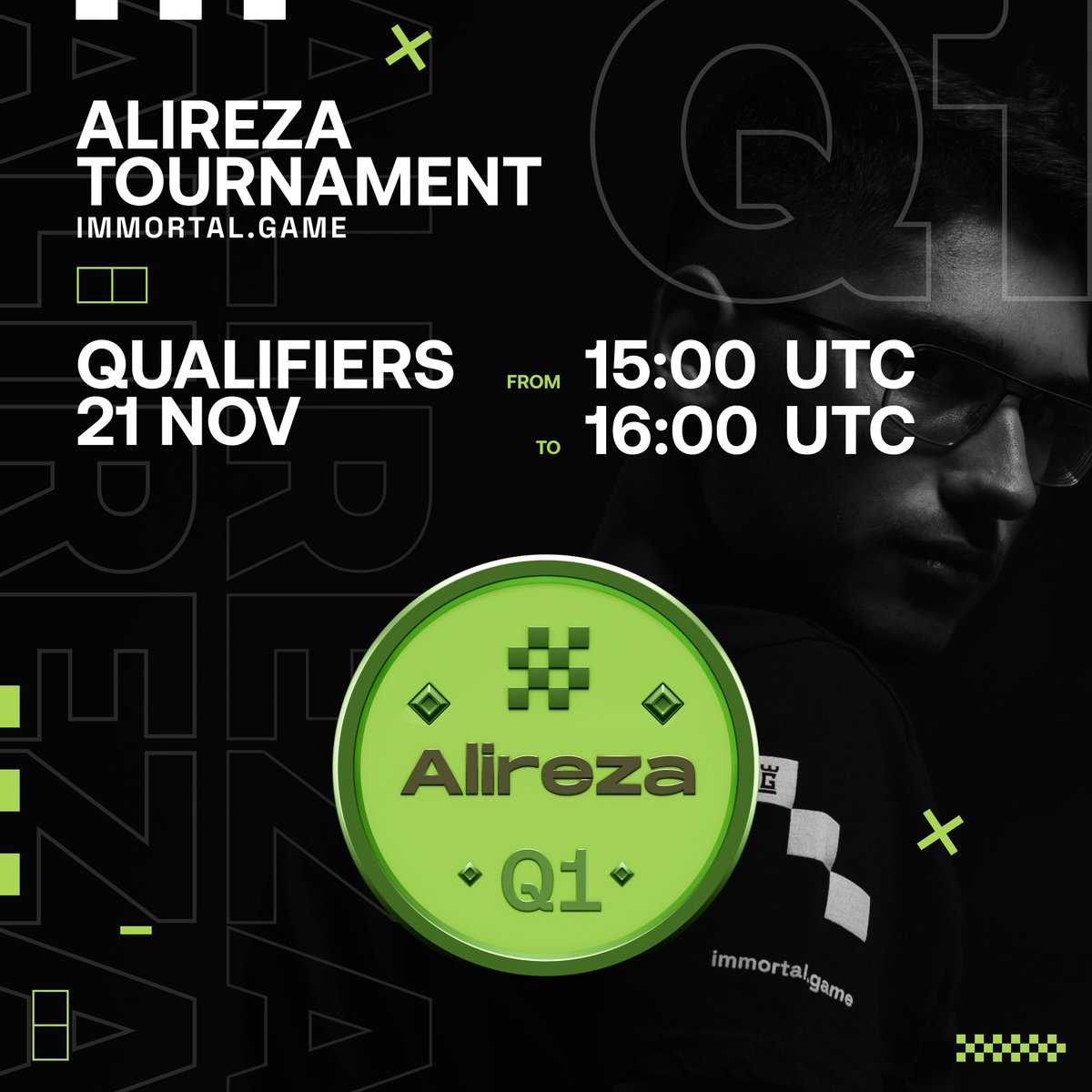 Today is Day 1 of the Bullet Tournament with <a href="/AlirezaFirouzja/">Alireza Firouzja</a> 🎉
We hope your mouse and premove skills are ready because it's going to be fast! 💨

See you on immortal.game! The qualifier starts at 15:00 UTC sharp ⏰