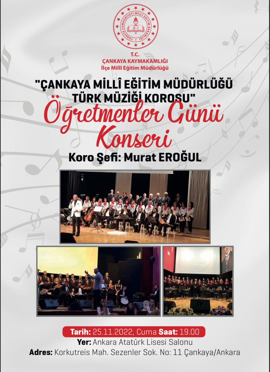 cankayailcemem's tweet photo. GELENEKTEN GELECEĞE ÇANKAYA…🎼🎺🎵🎻🪕

Çankaya İlçe Millî Eğitim Müdürlüğü Türk Müziği Korosu “Öğretmenler Günü” etkinlikleri kapsamındaki muhteşem konseriyle sanatseverlerle buluşacak.

Tarih :25 Kasım 2022
Saat :19.00
Yer   : Ankara Atatürk Lisesi 
 
@Ayhanisik37 https://t.co/AMKsBgwSMG