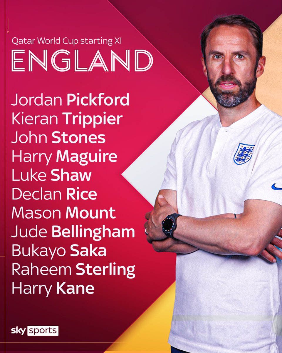 SkyFootball's tweet photo. BREAKING: Gareth Southgate has named his starting XI for England's opener against Iran. 🏴󠁧󠁢󠁥󠁮󠁧󠁿 https://t.co/Z20araz7HE