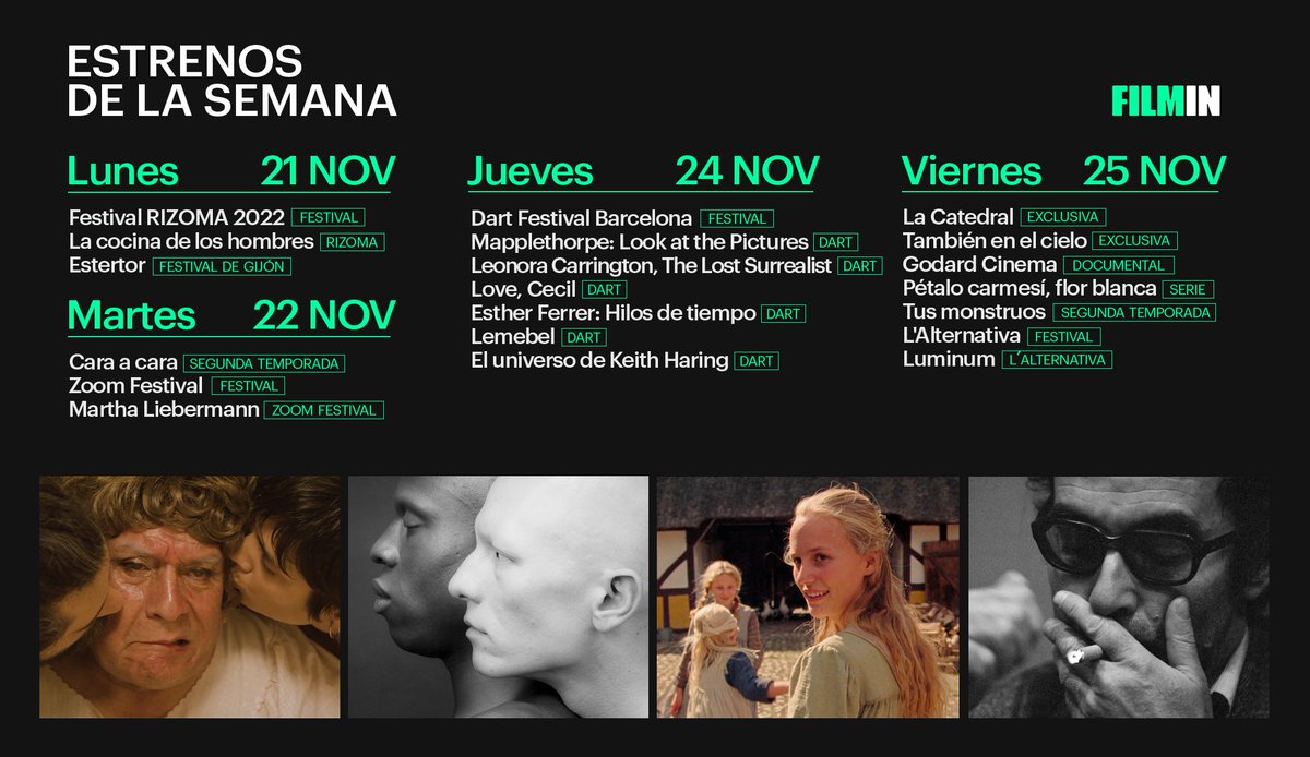 Si esto no es una semana cargada de estrenazos, que baje Godard y lo vea.

🟢Descubrimientos de <a href="/RizomaFestival/">Rizoma Festival</a>, <a href="/DartFestival/">Dart</a>, @FestivalZoom y <a href="/Gijonfilmfest/">Gijon International Film Festival | FICX</a>. 
🟢El docu sobre una leyenda, #GodardCinema
🟢#TambiénEnElCielo, que arrasó en <a href="/sansebastianfes/">Donostia Zinemaldia - Festival de San Sebastián</a>.