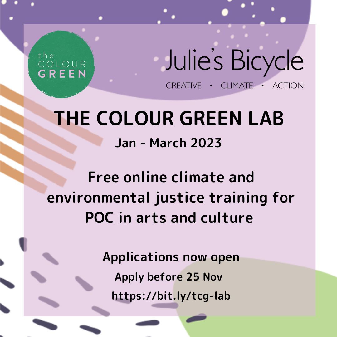 🚨FINAL WEEK TO REGISTER🚨

The Colour Green Lab is a free online climate training for POC in the arts. We will cover the basics of climate science, policy, material systems, and creative engagement for climate justice.

All details here: bit.ly/tcg-lab