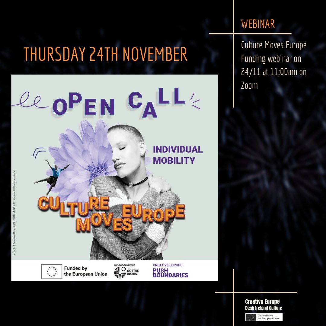 Are you an artist, musician or cultural professional interested in international collaborations, production residencies or professional development? 

Sign up for our <a href="/CultureMovesEU/">Culture Moves Europe</a> funding webinar this Thursday 24th November at 11am to learn more!

✍️ tinyurl.com/CMEfunding