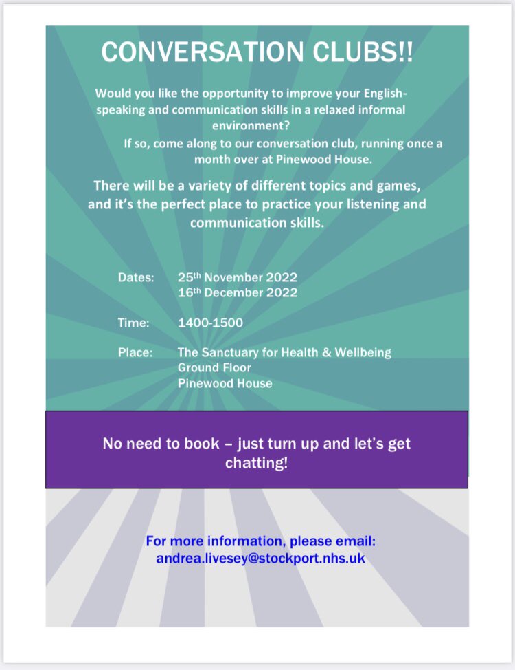 HCAsStockport's tweet photo. Would you like to improve your English-speaking skills?
Why not join us at Pinewood House this week?
Informal, no uniform required, just make sure you bring your work ID badge.
Date: 25th November 2022
Time: 1400-1500
Place: The Sanctuary for Health and Wellbeing https://t.co/88uOL3b0CW