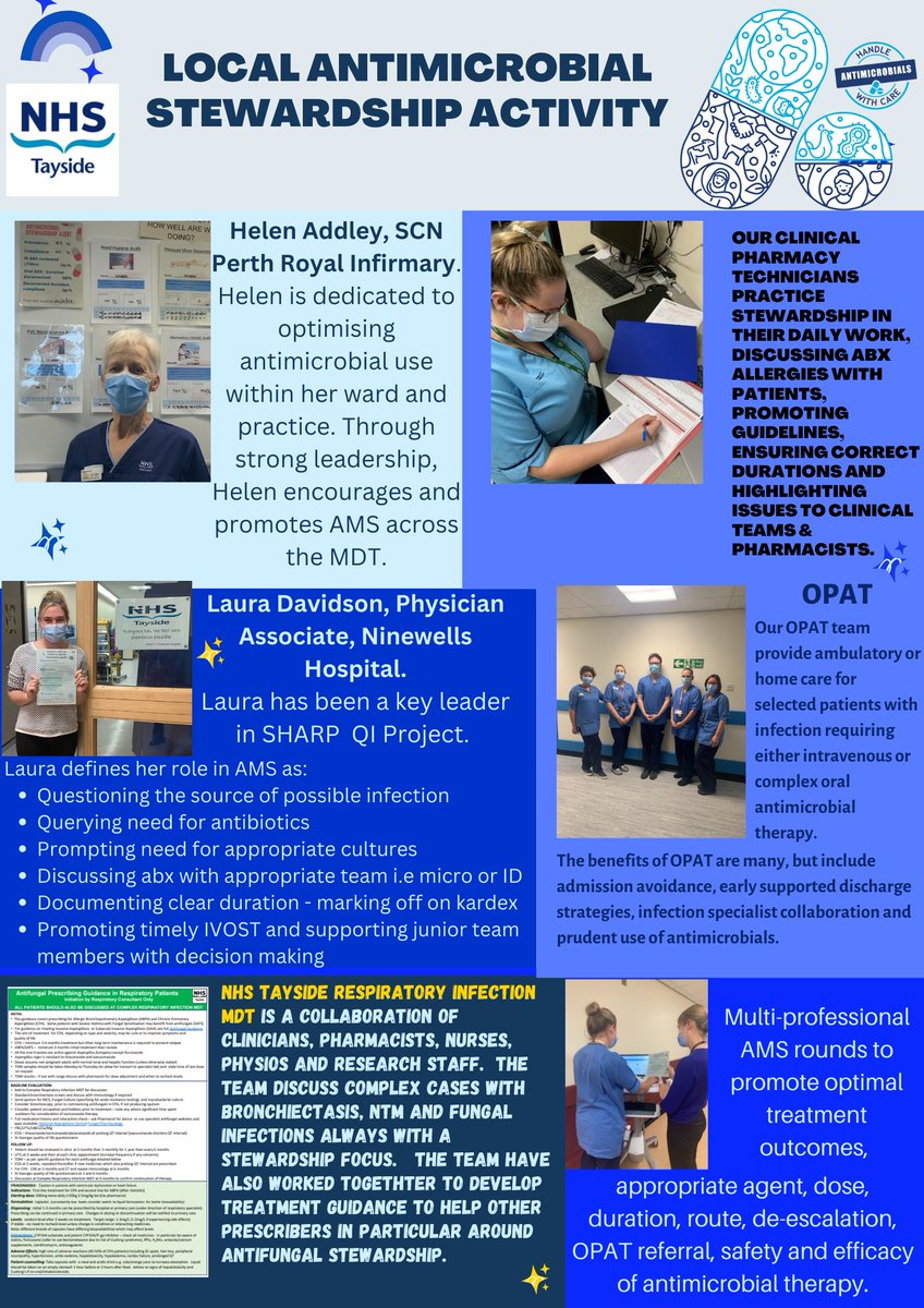 Today's theme is 'antimicrobials in clinical practice'. We know there are lots of staff & MDTs working across @NHSTayside practising good stewardship for their patients. Mostly antibacterials but remember antifungal & antiviral stewardship is important too! Great examples below👍