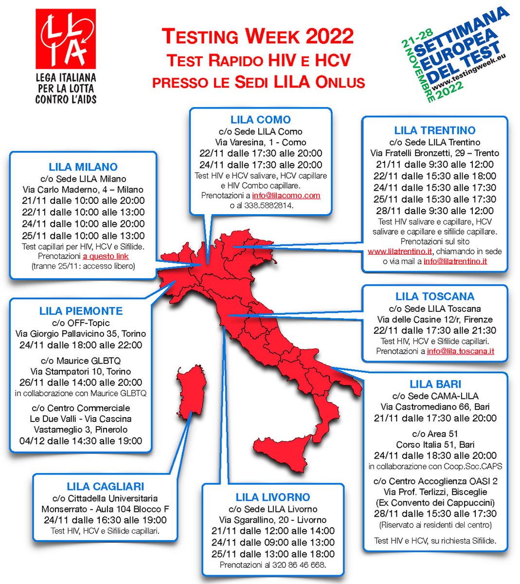 LILAMilano's tweet photo. E' iniziata la European Testing Week, una intera settimana di iniziative dedicate alla promozione e all'offerta dei test per HIV ed epatiti!
https://t.co/LjAifaa5VY
#EuroTestingWeek #TestTreatPrevent https://t.co/Lri0vOW9Vl
