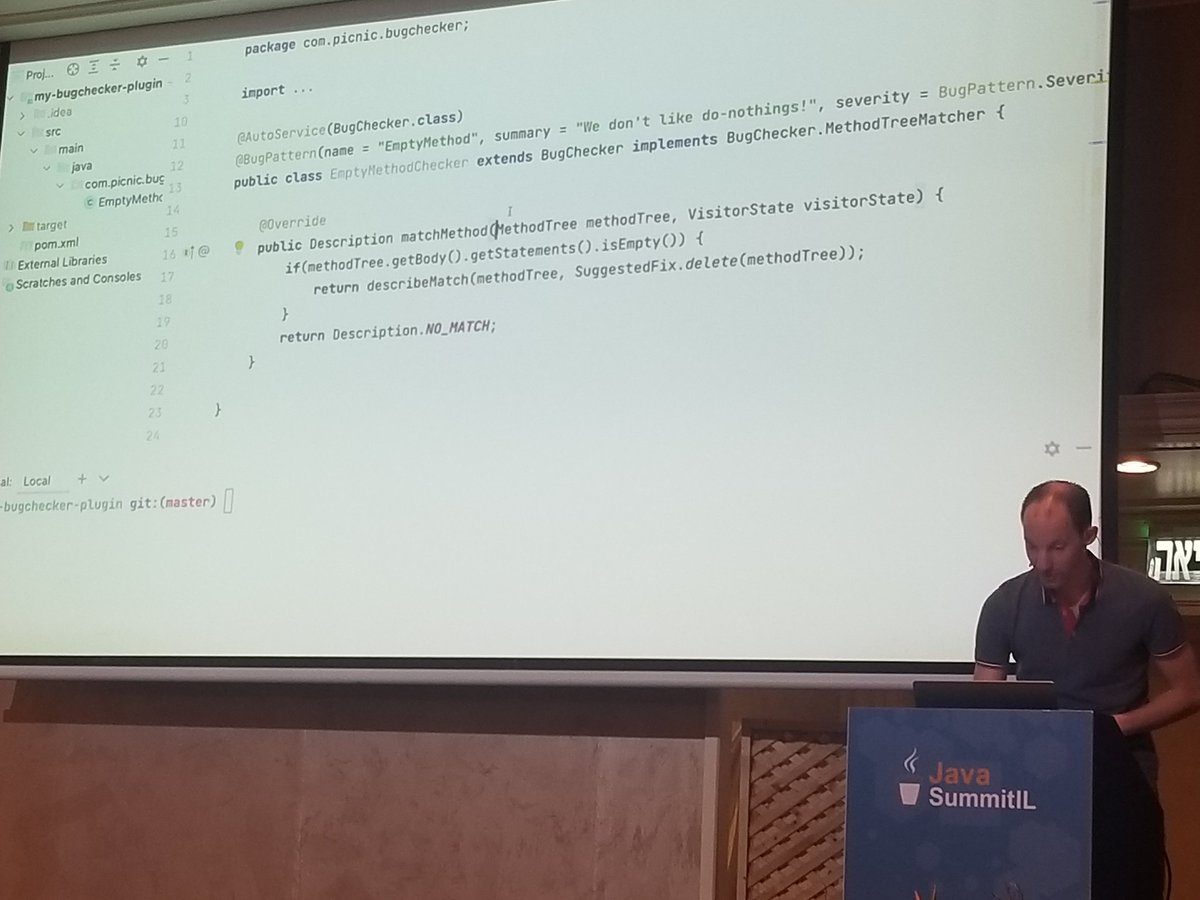 horovits's tweet image. Live demo of @Google&apos;s #ErrorProne static analysis tool for #Java, @Sander_Mak of @picnic showing how to extend and define your own bug pattern checks (example: empty method detection) to be run automatically upon build
github.com/google/error-p…
#maven #JavaSummitIL