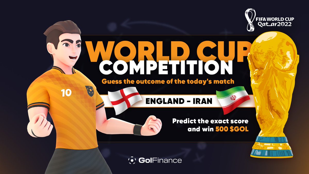 FinanceGol's tweet photo. Golers📢 

Join ⚽ World Cup 2022 Competition each day and win 500 $GOL $Tokens !💸 

Today's match is England vs Iran 

How to participate 👇 

1 Like, Retweet and Tag - #BSCNews , 1 crypto/soccer influencer and a soccer news sites👍

2 Predict the exact score of  today's match https://t.co/kS2oDi4v41