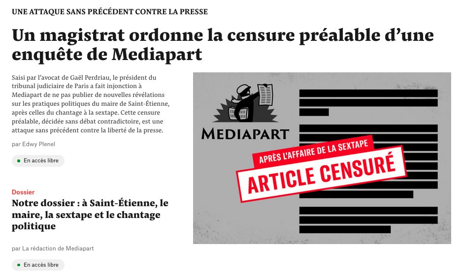 L’article était prêt : après le chantage à la sextape, <a href="/Mediapart/">Mediapart</a> devait cette fois révéler les méthodes odieuses de <a href="/PerdriauGael/">Gaël Perdriau</a> contre... le président de région <a href="/laurentwauquiez/">Laurent Wauquiez</a>.

Mais l’enquête a été censurée, sur demande du maire de Saint-Étienne👇
mediapart.fr/journal/politi…