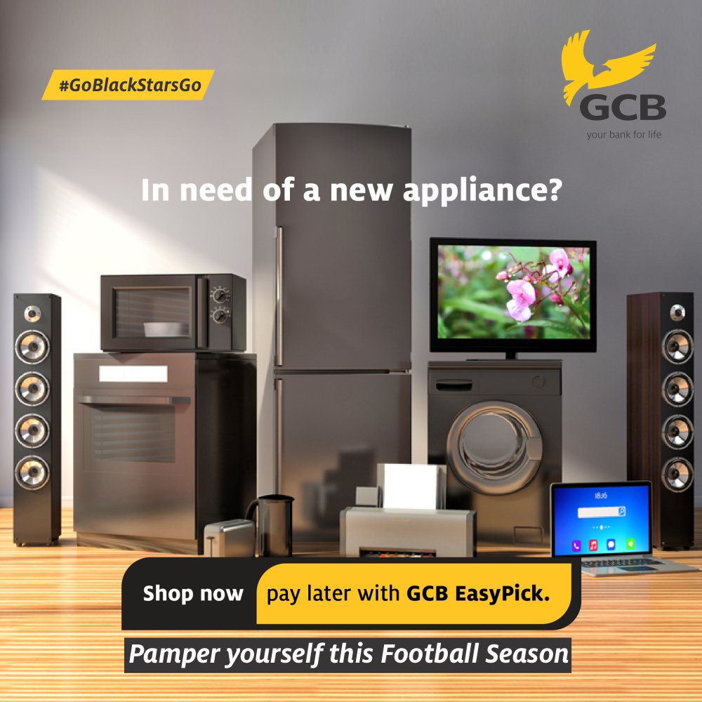 GCBBankPLC's tweet photo. Shop Now, Pay Later with GCB EasyPick!
Spoil yourself this Football Season by visiting the nearest branch to apply.

#EasyPick #HomeAplliances #CompuGhana #Hisense #Electroland #VadSystems #Somotex #QLS #ApplianceExpert #ASImpact #TCL #Novotec #GoBlackStarsGo #GCBYourBank4Life https://t.co/7D60urMC6Y