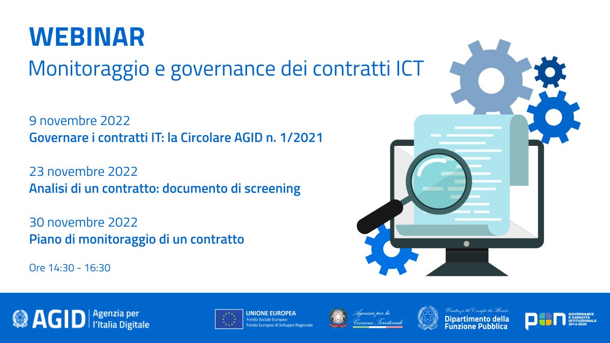 📌 Secondo appuntamento per il ciclo di webinar realizzato da AgID e <a href="/FormezPA/">Formez</a> sul monitoraggio e la governance dei contratti ICT.
Il 23 novembre parleremo di dati, informazioni, analisi e sistemi a supporto del documento di screening. 
Iscriviti qui👇🏻
agid.gov.it/it/agenzia/sta…