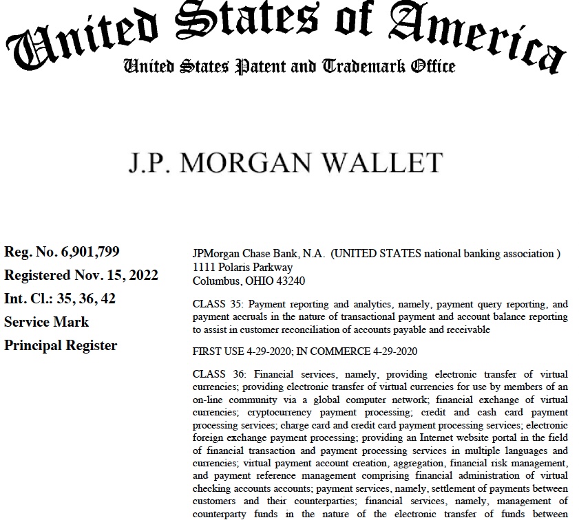 MEKIPLaw's tweet photo. J.P. MORGAN WALLET is now a registered trademark for:
 ▶️ Virtual currency transfer + exchange
 ▶️ Crypto payment processing
 ▶️ Virtual checking accounts
 ▶️ Financial services

The USPTO granted the #JPMORGAN application on Nov 15

#NFTs #Metaverse #Crypto #Web3 #NFT  #Finance https://t.co/Qg2wSeqtFf