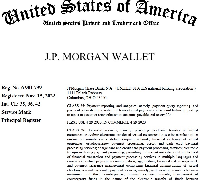 摩根大通已注册“J.P. MORGAN WALLET”商标