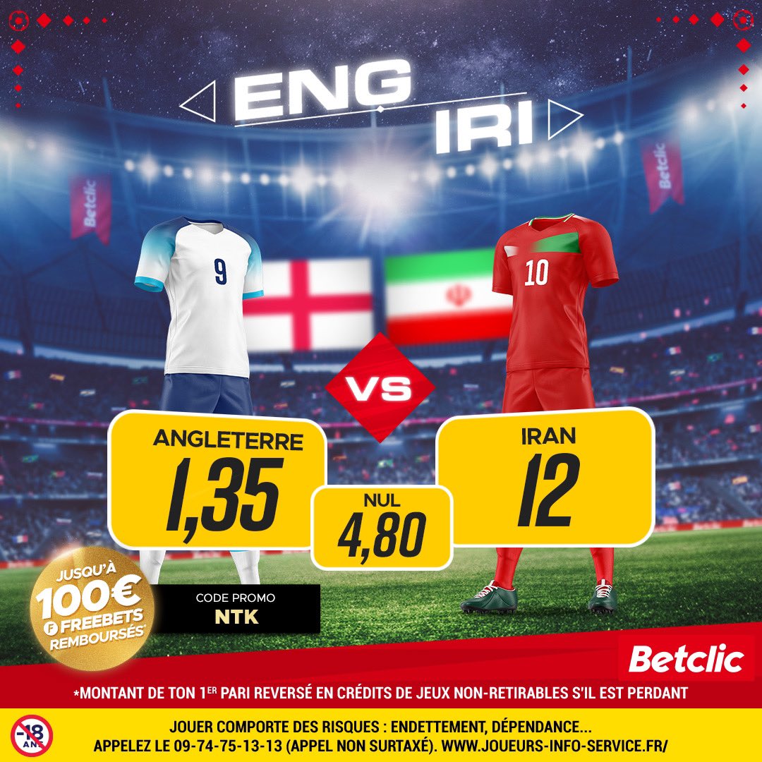 NtkPronos's tweet image. 🏴󠁧󠁢󠁥󠁮󠁧󠁿 Angleterre - Iran 🇮🇷 

-&amp;gt; Ma Confiance :

1️⃣ Kane ou Saka (1,62) 

🎁 Jusqu’à 100€ remboursé en freebets sur Betclic avec le code promo NTK 

❤️ Like si tu suis