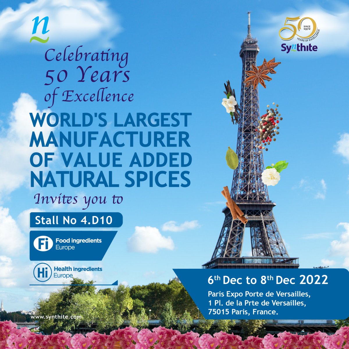 Celebrating 50 Years of Excellence – we are exhibiting a range of new products at stall number 4 D10 at FIE Paris.Feel free to walk in or else connect with your representative at #Synthite for a scheduled meeting date &amp; time.
Look forward to seeing you in Paris!
 #Foodingredients