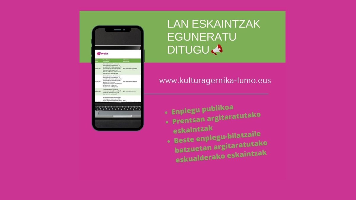 GernikaGib's tweet photo. Astero bezala Lan eskaintzen informazioa eguneratu dugu📢📢
https://t.co/n9z3ACFc1w https://t.co/r3sOWwqyJe
