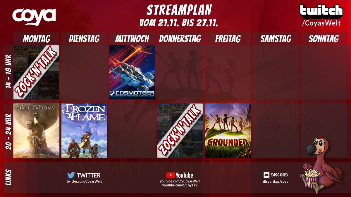 CoyasWelt's tweet photo. Der neue Leader Pass für #civ6 erscheint heute!
Entsprechend gibt es heute Abend um 20 Uhr einen Extra-Ström mit einem Battle zwischen Matze und mir.
Auch der Rest der Woche ist gut gefüllt!
Da das aber den Tweet sprengen würde, gibts den Plan als Bild 🖼️ 😅 https://t.co/M2zyEXlZWM