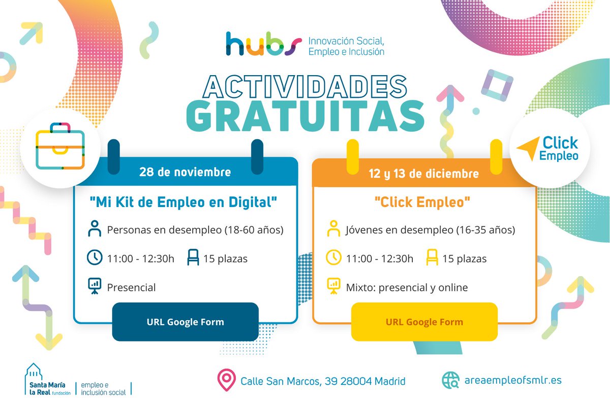 AreaEmpleoFSMLR's tweet photo. Toma nota de #PrimerasActividadesFormativas que haremos #gratis en #HUBMadrid (C San Marcos, 39):
📌2⃣8⃣ de #noviembre: taller presencial “#MiKitDeEmpleoEnDigital”
📌1⃣2⃣ y 1⃣3⃣ de #diciembre, un nuevo curso #ClickEmpleo
Más info: https://t.co/KJsRKbKnKm
Te esperamos 🙋♀️🙋🙋♂️ https://t.co/WCU2HIIOsy