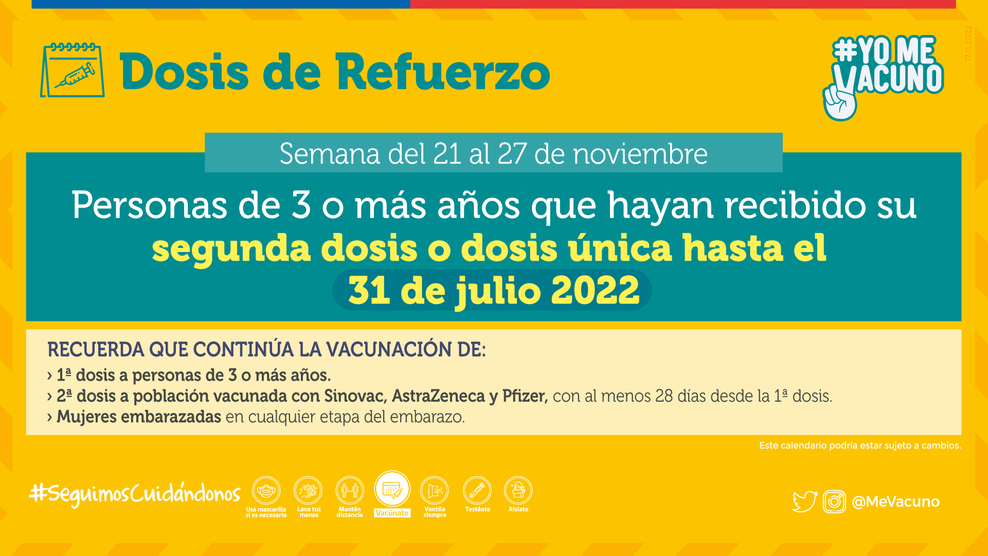 Dosis de Refuerzo para personas de 3 o más año que hayan recibido su Segunda Dosis o Dosis Única hasta el 31 de julio 2022