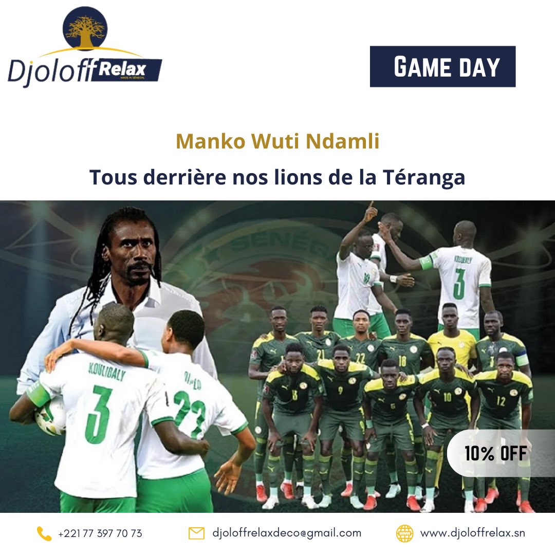 DjoloffR's tweet photo. Djoloff Relax se joigne à vous, …tous derrière nos Lions de la Teranga.

À l’occasion du match d’aujourd’hui, nous vous offrons une réduction de 10% sur les articles disponibles au showroom.

📍Yoff route de l’aéroport 
#djoloff #relax  #dakar #senegal #Qatar2022 #mondial2022 https://t.co/kwQtxbcquq