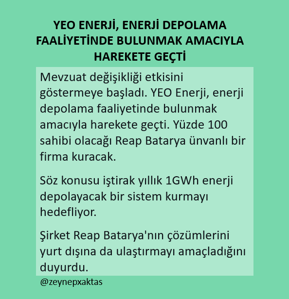 zeynepxaktas's tweet photo. Mevzuat değişikliği etkisini göstermeye başladı. YEO Enerji, enerji depolama faaliyetinde bulunmak amacıyla harekete geçti.
#enerji #yenilenebilirenerji #ReapBatarya #YEOTK #elektrik #BISTElektrik #XELKT https://t.co/rVX4hWBszA