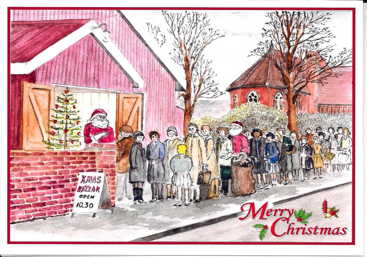 On #MemoriesMonday we have a new Christmas Card for you. A super drawing by Alan
Lawrence that shows the old Village Hall with a queue waiting to enter the 'Xmas Bazzar'. On sale now in the Museum for only 50p. What memories do you have of seeing Santa in the Village Hall?