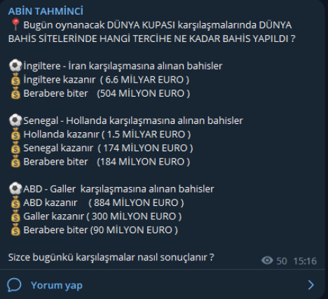 abintahminci's tweet photo. Telegram kanalımızda aşağıdaki bilgilerden anında haberdar olabilirsiniz!
Telegram kanalımıza katılmak için https://t.co/EnttsAcOjp linkine tıklayabilirsiniz!

Senegal - Hollanda
İngiltere - İran
ABD - Galler
Yukarıdaki maçlara dünyada ne kadar bahis alındı⬇️⬇️ https://t.co/fnA355K16R