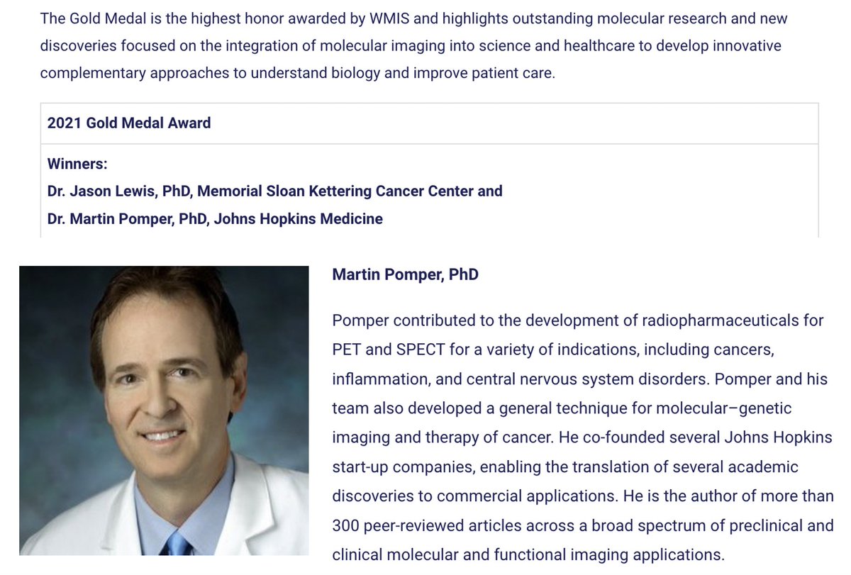 Congratulations to <a href="/HopkinsMedicine/">Johns Hopkins Medicine</a> superstar <a href="/radnucmp/">Martin Pomper, MD PhD</a> for sweeping the 2022 innovation awards:
🪙Gold Medal, World Molecular Imaging Society
🪙Minnie, Most Influential Researcher
<a href="/Hopkins_Rad/">Johns Hopkins Radiology</a> @HopkinsNucs <a href="/liljasolnes/">liljasol</a> <a href="/AuntMinnie/">AuntMinnie.com</a>
wmis.org/membership/gol…
snmmi.org/NewsPublicatio…