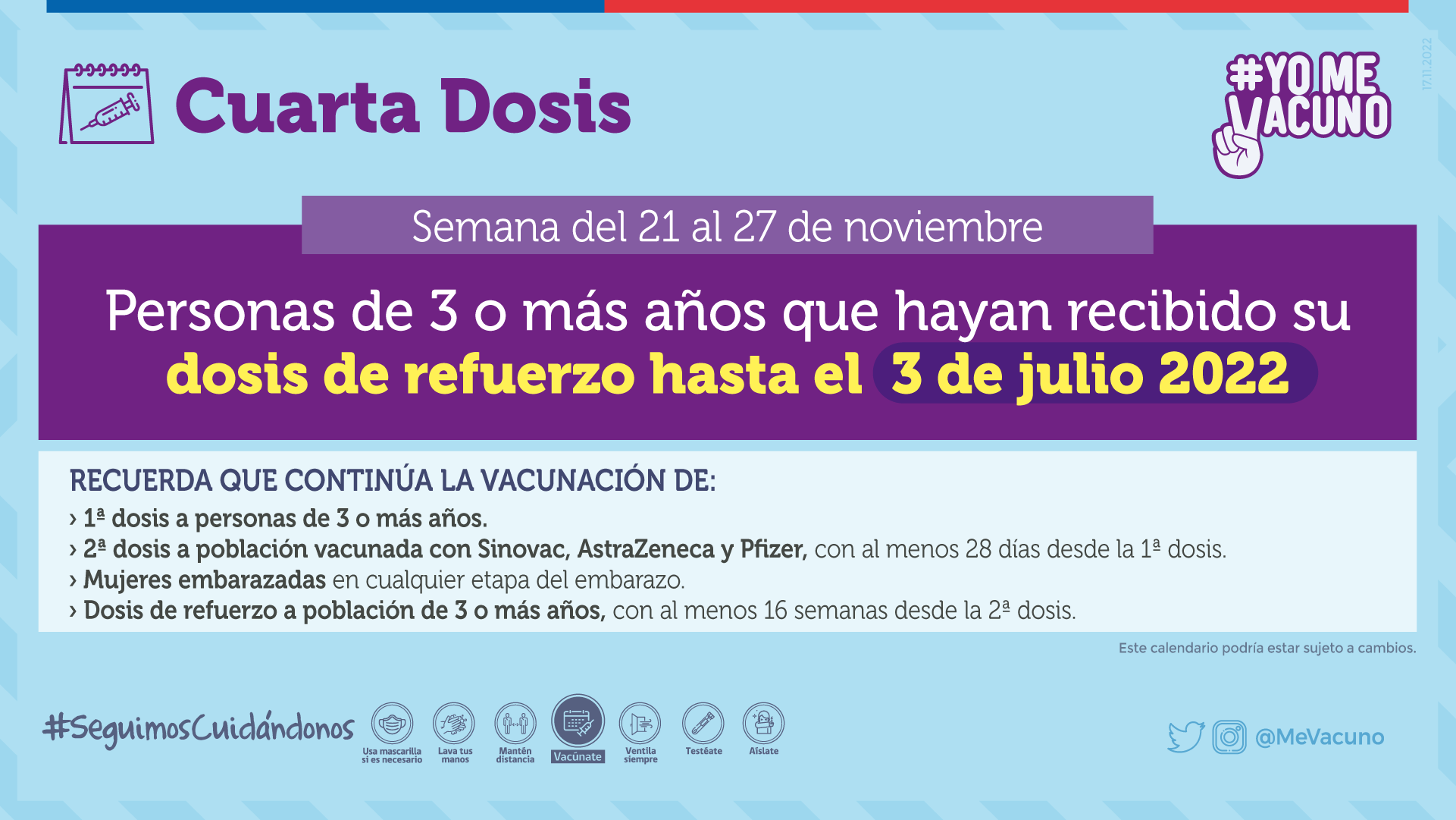 Cuarta Dosis para personas de 3 o más años que hayan recibido su Dosis de Refuerzo hasta el 3 de julio de 2022