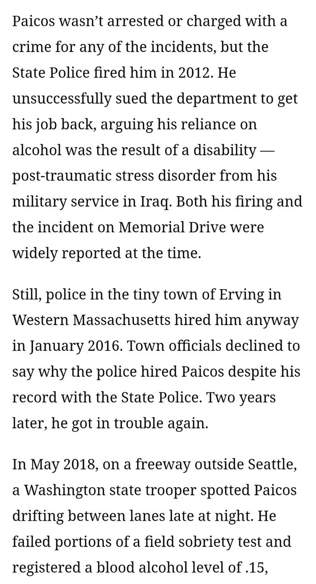 Another key piece of <a href="/wwuthmann/">Walter Wuthmann</a>'s article is how cops choose not to see behavior as criminal when it's one of their own.

Multiple drunk driving incidents. No arrests. Job restored because his drinking grew out of PTSD.

Newsflash: so much "criminal" conduct grows out of trauma!