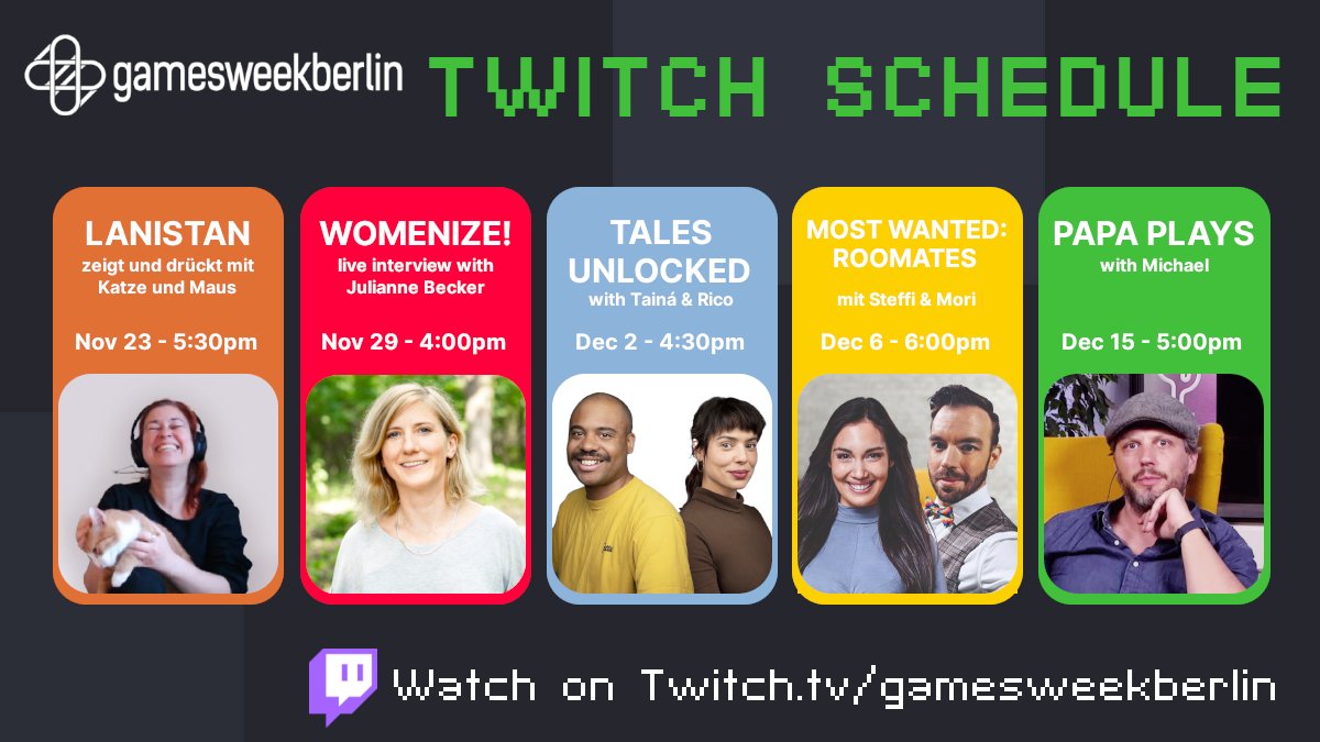 #gamesweekberlin is live! Check out all of the shows on our #Twitch channel - here's a quick overview of the upcoming program!

🔴 Tune in LIVE on: twitch.tv/gamesweekberlin