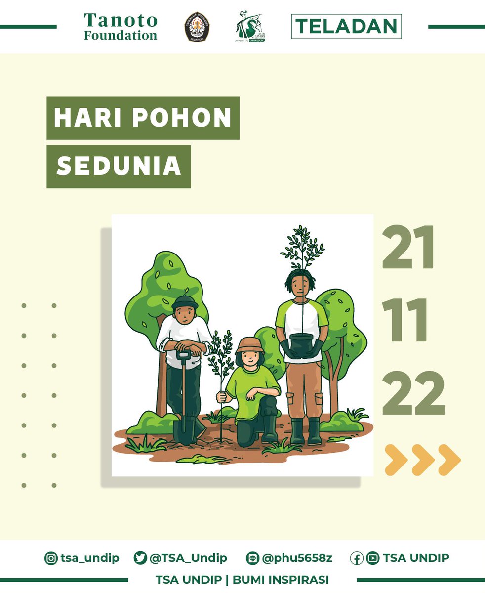 tsa_undip's tweet photo. [HARI POHON SEDUNIA]

Hari Pohon Sedunia dirayakan untuk menghormati jasa aktivis lingkungan bernama Julius Sterling Morton dari AS, yang gigih mengkampanyekan gerakan konvservasi lingkungan. Beliau berani menyuarakan pentingnya hutan dimana yang pada saat itu orang – orang masih https://t.co/dDNVyI4bxx