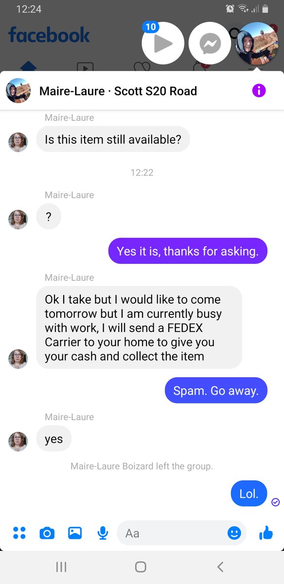 garquinn's tweet photo. Fairly typical interaction on FB marketplace when selling something. https://t.co/3uglIHXbzP