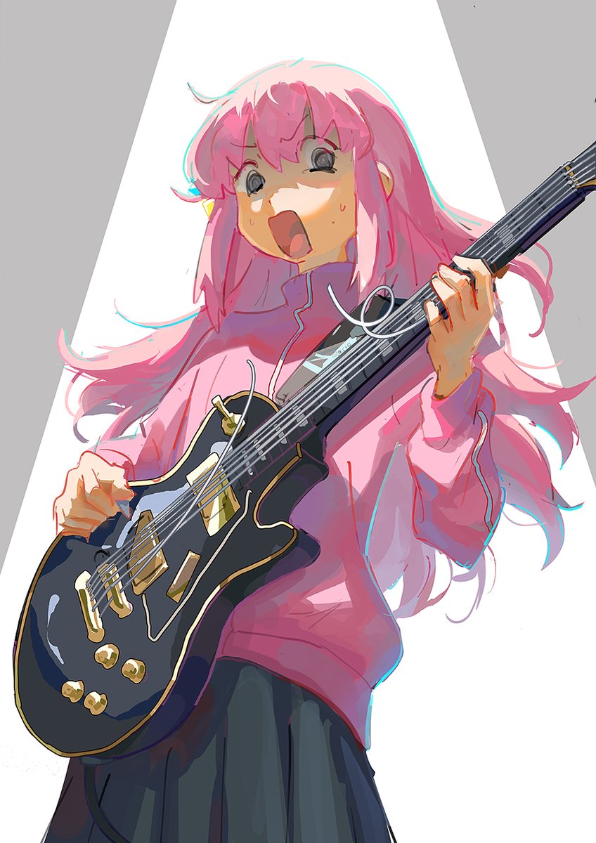 gotou hitori 1girl instrument solo pink hair holding instrument skirt long hair  illustration images