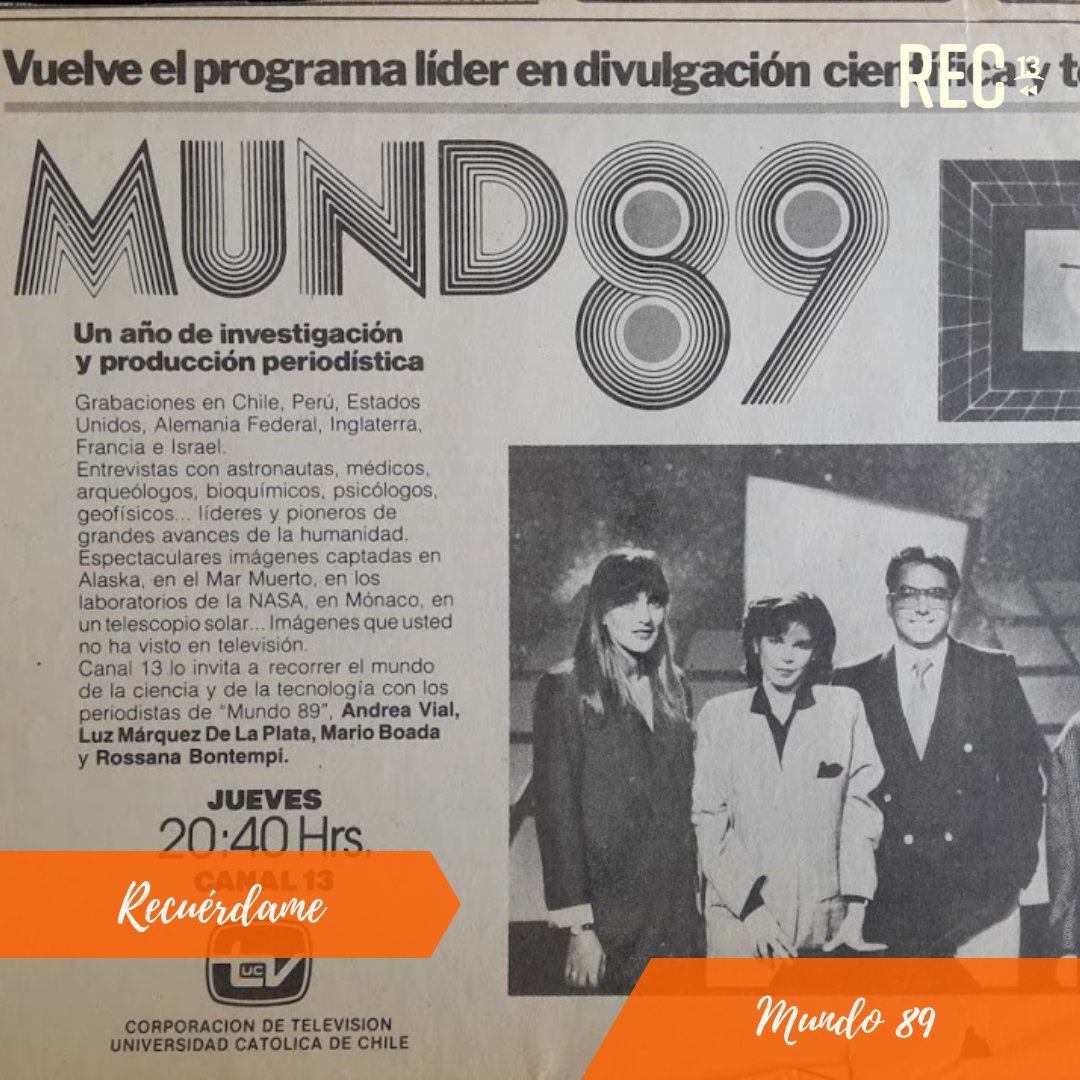 RECTV13's tweet photo. ¡Vuelve el programa líder de la divulgación científica 📺🤓🧬🩺🚀! Hoy en #Recuerdame rememoramos la nota del esperado regreso de #Mundo89 que prometía un año repleto de investigación y producción junto a un nuevo grupo de periodistas ¿Lo viste por el 13? https://t.co/RTOuMABJdq
