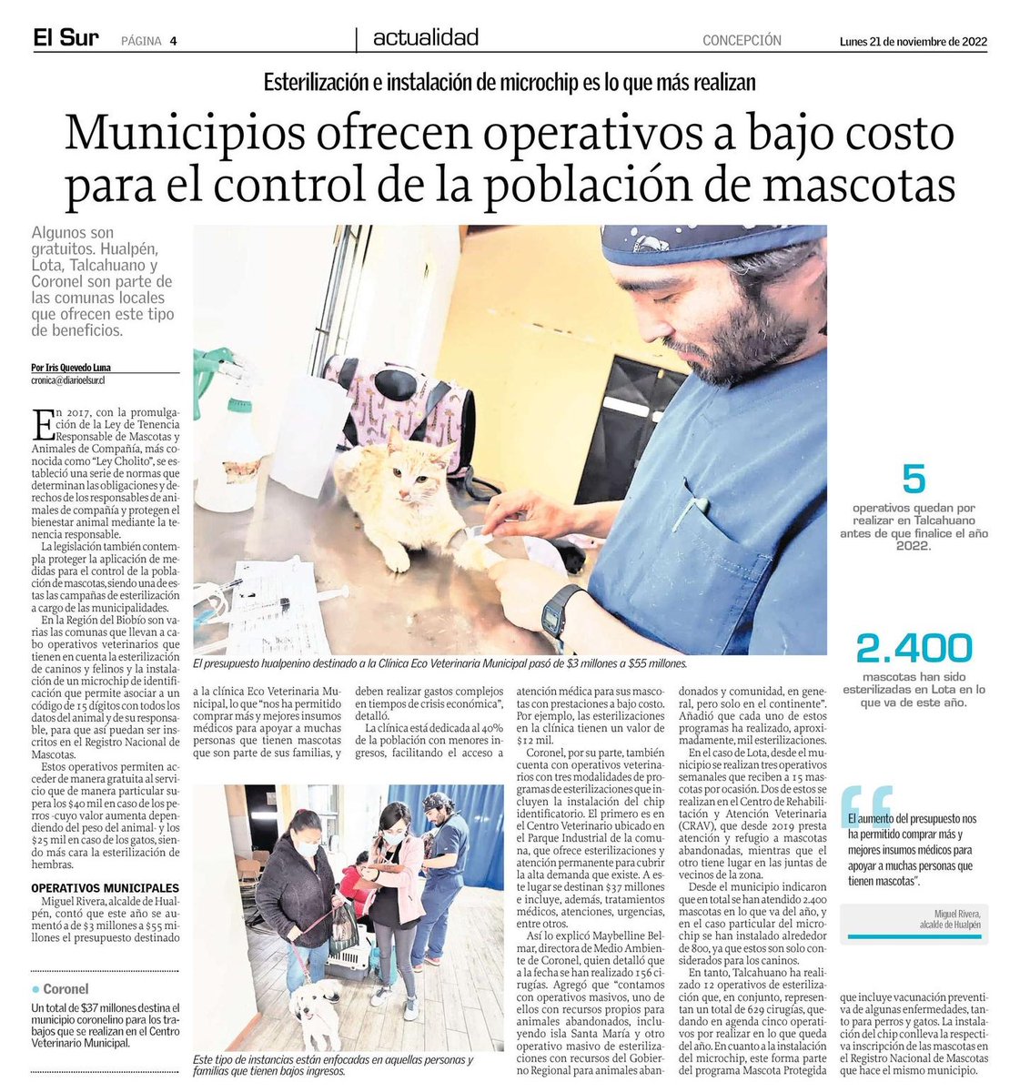 PRENSA 📰 <a href="/elsurcl/">Diario El Sur</a> | Este año en #Hualpén destinamos un presupuesto de $55 millones para la Eco Clínica Veterinaria Municipal que nos ha permitido entregar, de enero a octubre, más de 1.000 consultas de atención primaria y vacunación, además de realizar 914 esterilizaciones 👌🏻.